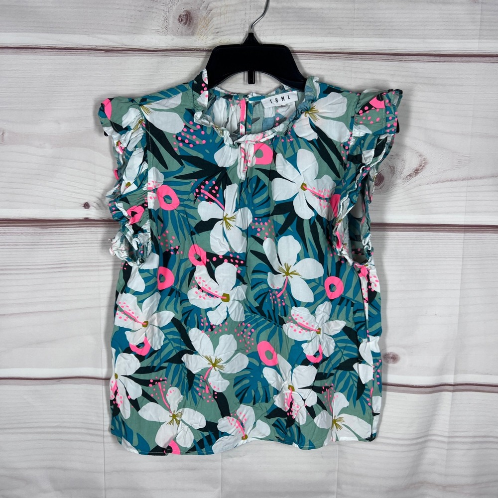 THML Blouse Women Small Green Floral Ruffle Sleeve Tropical Print Cropped Top